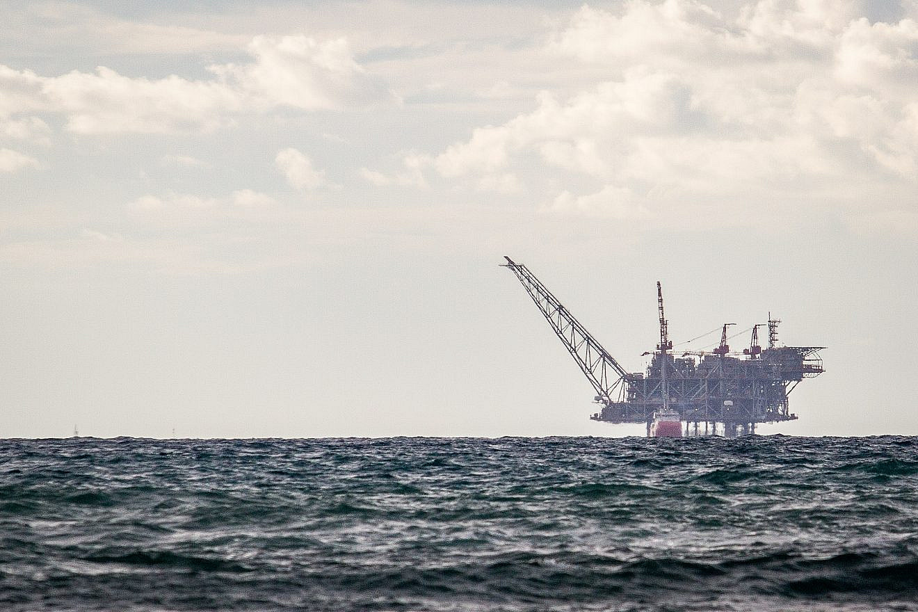 View of the Israeli Leviathan gas-processing rig as seen from Dor Habonim Beach Nature Reserve on Jan. 1, 2020. Photo by Flash90.