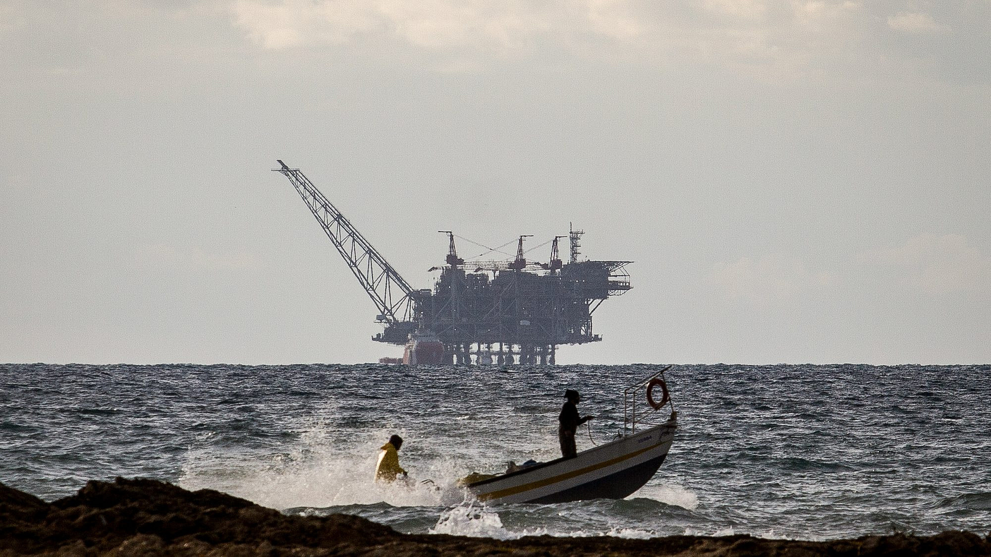 Israel's Leviathan gas processing rig as seen from the Dor Habonim Beach Nature Reserve, Jan. 1, 2020. Credit: Flash90.