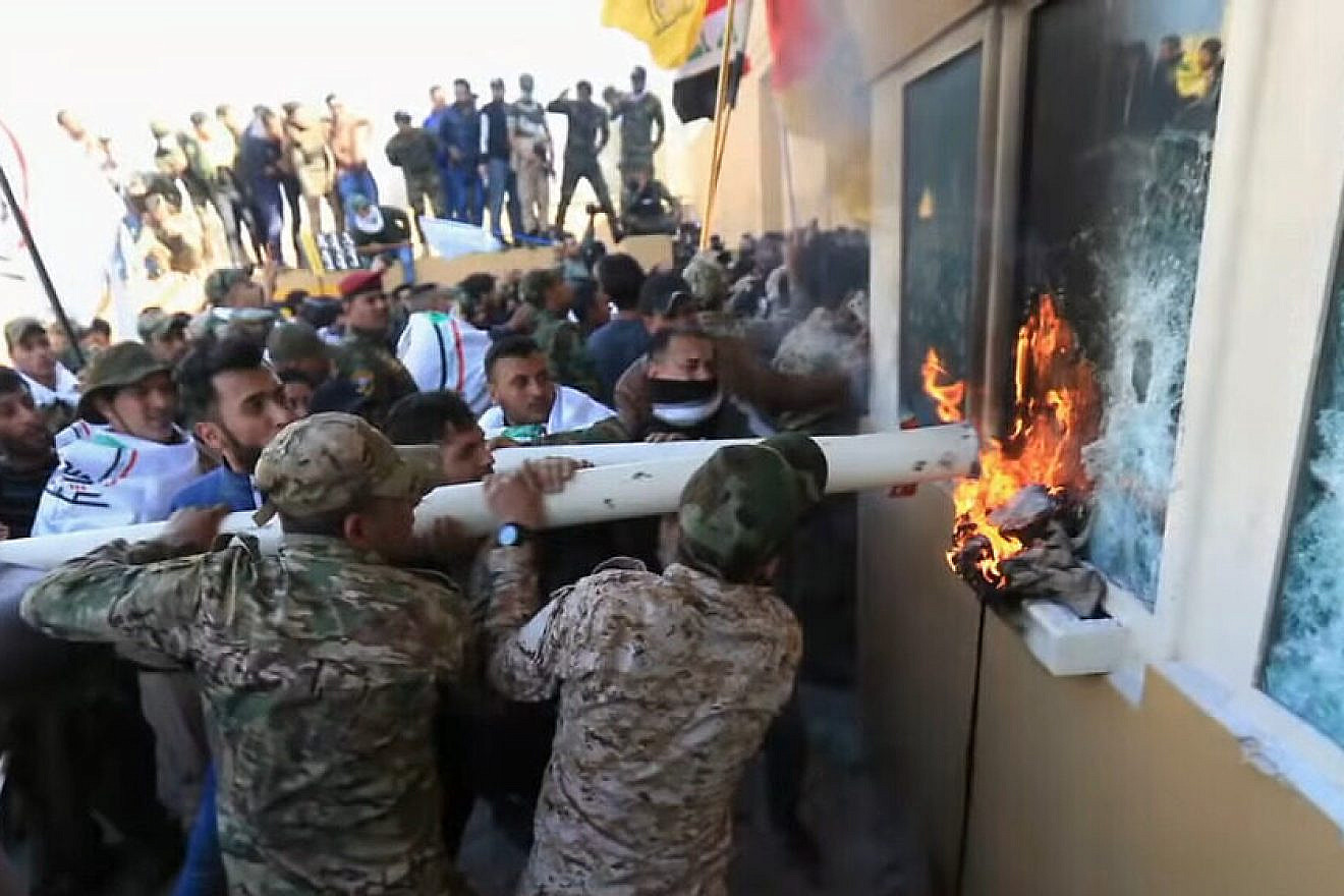 Under the orders of Iran’s Islamic Revolutionary Guard Corps, pro-Iranian militias in Iraq led mob attacks on the U.S. embassy in Baghdad on Dec. 31, 2019. Source: Screenshot.