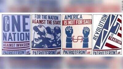 The Patriot Front group uses a red, white and blue color scheme to advertise its white-supremacist ideology, according to the Anti-Defamation League. Credit: ADL.
