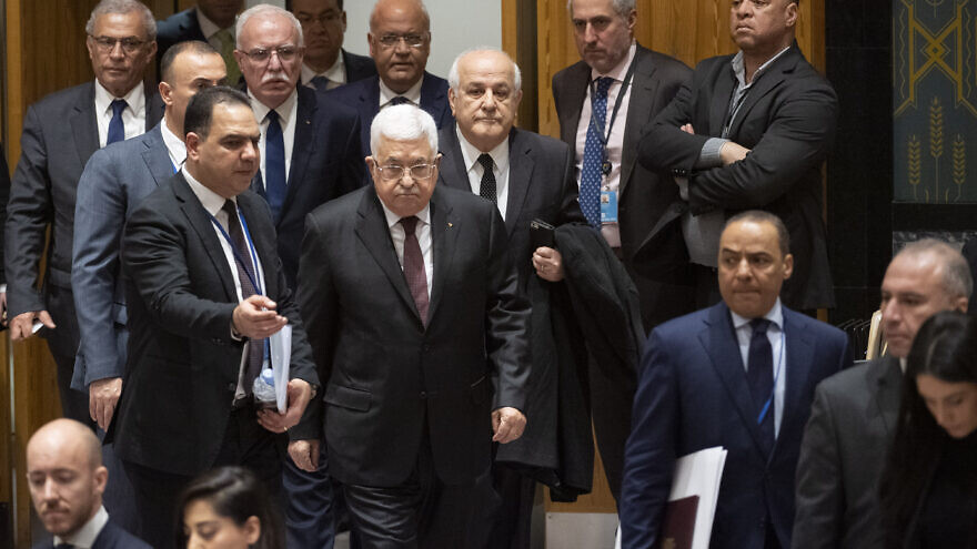 Palestinian Authority leader Mahmoud Abbas enters a U.N. Security Council meeting on the situation in the Middle East, including the Palestinian question, Feb. 2020. Credit: U.N. Photo/Evan Schneider.