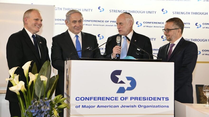 From left: Conference of Presidents CEO William Daroff, then-Israeli Prime Minister Benjamin Netanyahu, executive vice chairman Malcolm Hoenlein and then-chairman Arthur Stark speaking at the 2020 Conference of Presidents Summit in Jerusalem. Source: Conference of Presidents via Twitter.