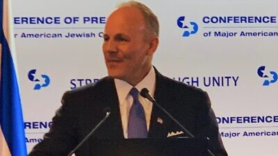U.S. Special Envoy for Monitoring and Combating Anti-Semitism Elan Carr speaks at the Conference of Presidents of Major American Jewish Organizations summit in Jerusalem on Feb. 20, 2020. Source: Conference of Presidents of Major Jewish Organizations/Twitter.