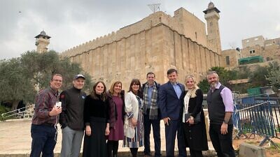 At the Cave of the Patriarchs and Matriarchs in Hebron are (from left) Avi Abelow, Rep. Jim Jordan (R-Ohio), Polly Jordan, Ruth Lieberman, Sarah Paley, Dr. Jonathan Paley, Rep. Mike Johnson (R-La.), Kelly Johnson and Yishai Fleisher, Feb. 18, 2020. Courtesy: Yes! Israel Project.