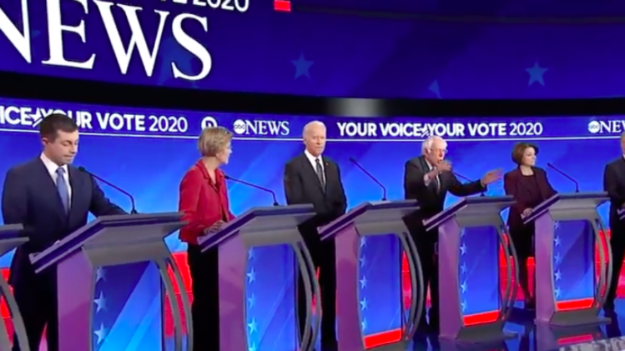 The eighth Democratic presidential primary debate at Saint Anselm College in Manchester, N.H., on Feb. 8, 2020. Source: Screenshot.