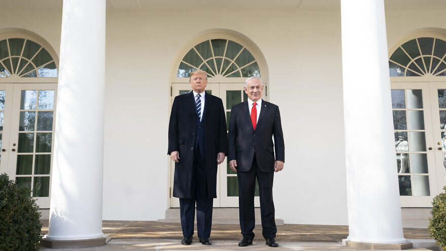 U.S. President Donald Trump and Israeli Prime Minister Benjamin Netanyahu stop to talk with reporters along the White House colonnade on Jan. 27, 2020, prior to their meeting in the Oval Office. Official White House Photo by Joyce N. Boghosian.