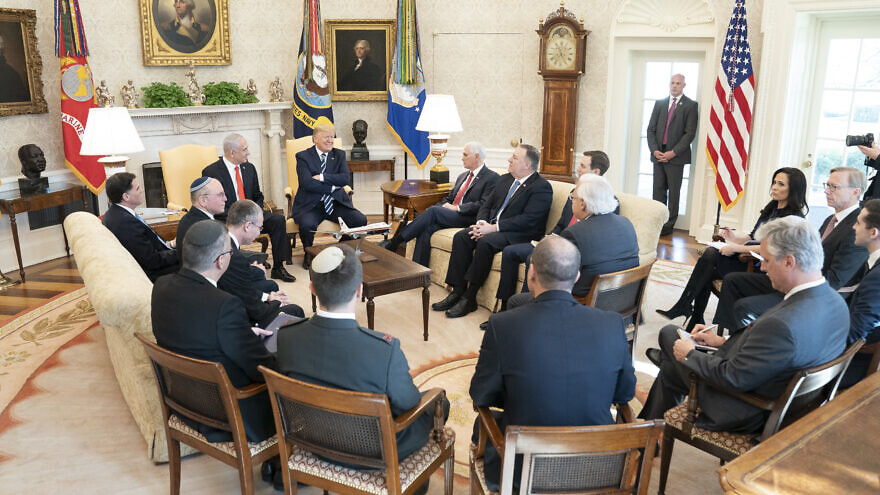 U.S. President Donald Trump and Israeli Prime Minister Benjamin Netanyahu, joined by members of their delegations, participate in a bilateral meeting on Jan. 27, 2020, in the Oval Office. Official White House Photo by Shealah Craighead.