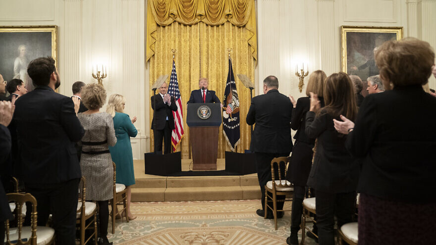 U.S. President Donald Trump delivers remarks with Israeli Prime Minister Benjamin Netanyahu on the details of the Trump administration’s Mideast peace plan on Jan. 28, 2020, in the East Room of the White House. Official White House Photo by Shealah Craighead.