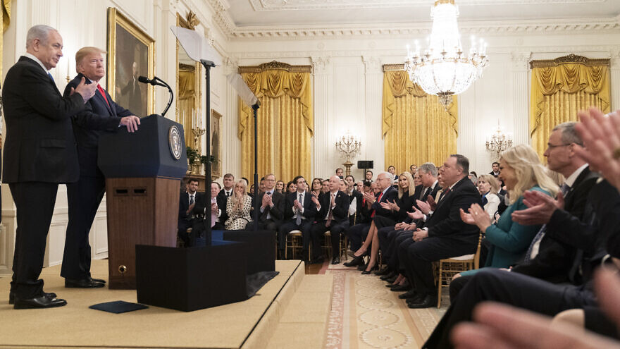 U.S. President Donald Trump delivers remarks with Israeli Prime Minister Benjamin Netanyahu on the details of the Trump administration’s Mideast peace plan on Jan. 28, 2020, in the East Room of the White House. Official White House Photo by Shealah Craighead.