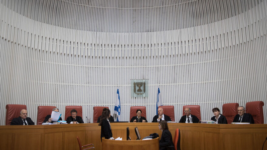 Israeli Supreme Court Chief Justic Esther Hayut (center) and justices at a hearing in Jerusalem, on March 14, 2019. Photo by Hadas Parush/Flash90.
