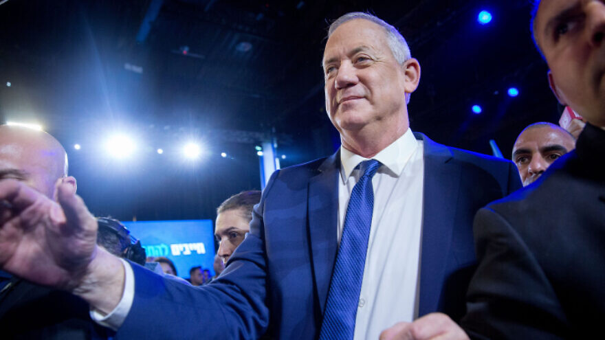 Blue and White Party leader Benny Gantz speaks to supporters at the party's headquarters in Tel Aviv on election night, March 3, 2020. Photo by Miriam Alster/Flash90.