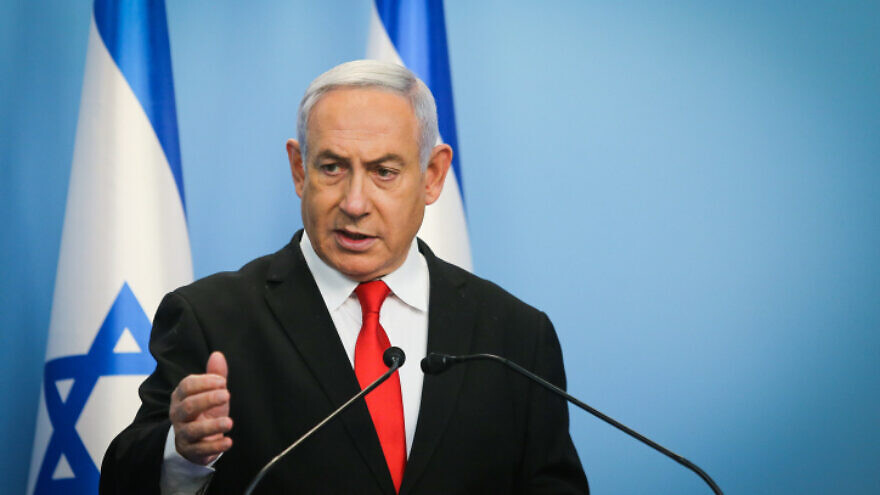 Israeli Prime Minister Benjamin Netanyahu holds a press conference at the Prime Minister’s Office in Jerusalem on March 12, 2020. Photo by Alex Kolomoisky/POOL.