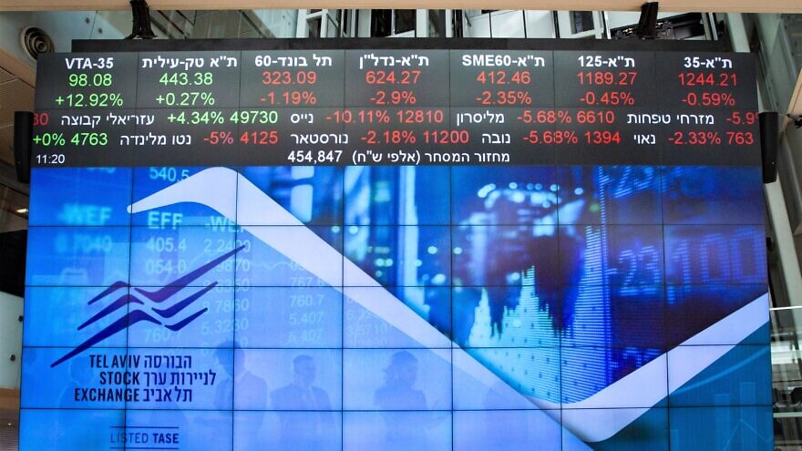A stock market ticker screen in the lobby of the Tel Aviv Stock Exchange, in the center of Tel Aviv, March 15, 2020. Photo by Flash90.