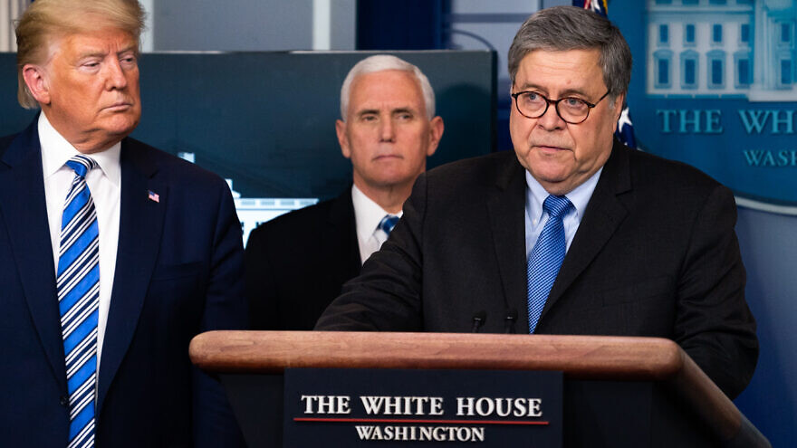 U.S. President Donald Trump and U.S. Vice President Mike Pence look on as U.S. Attorney General William Barr delivers remarks during a coronavirus update briefing on March 23, 2020, in the James S. Brady Press Briefing Room of the White House. Credit: D. Myles Cullen/The White House.