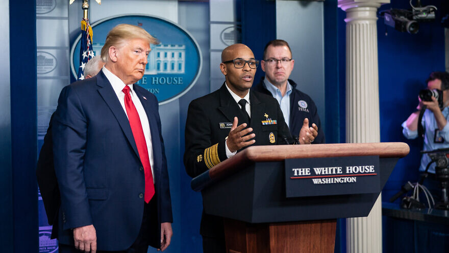 U.S. Surgeon General Dr. Jerome Adams, joined by U.S. President Donald Trump and members of the White House Coronavirus Task Force, delivers remarks during a coronavirus update briefing on March 22, 2020, in the James S. Brady Press Briefing Room of the White House. Credit: Andrea Hanks/The White House.