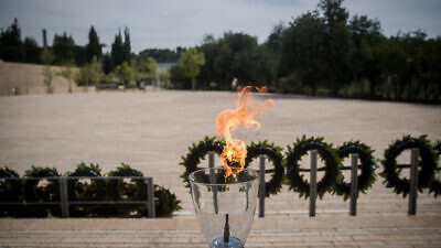 The empty Warsaw Ghetto Square at the Yad Vashem Holocaust Memorial in Jerusalem during Holocaust Remembrance Day on April 21, 2020. Photo by Yonatan Sindel/Flash90.