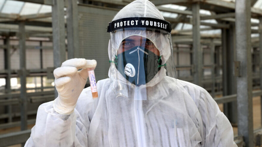 A Palestinian health worker holds a coronavirus test sample at a checkpoint in Mitar, near the West Bank city of Hebron, on April 23, 2020. Photo by Wisam Hashlamoun/Flash90.