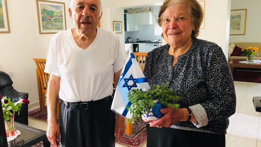 Holocaust survivor Naim Shabo and his wife, Chana, in Jerusalem on Israel's Holocaust Remembrance Day, April 21, 2020. Photo by Eliana Rudee.