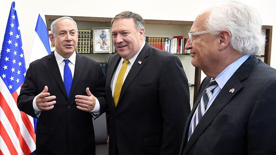 Then-U.S. Secretary of State Mike Pompeo, flanked by then-Prime Minister Benjamin Netanyahu and then-Ambassador David Friedman, April 2018. Credit: U.S. Embassy in Israel.