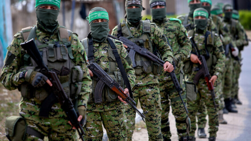 Members of the Izzadin al-Qassam Brigades, the armed wing of Hamas, seen during a patrol in Rafah, in the southern Gaza Strip on April 27, 2020. Photo by Abed Rahim Khatib/Flash90.