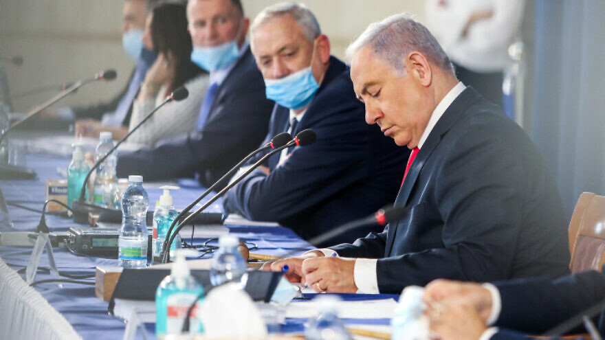 Israeli Prime Minister Benjamin Netanyahu and Defense Minister Benny Gantz lead the weekly cabinet meeting at the Ministry of Foreign Affairs in Jerusalem on June 7, 2020. Photo by Marc Israel Sellem/POOL.