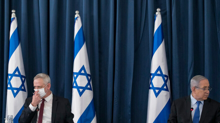 Israeli Prime Minister Benjamin Netanyahu and Defense Minister Benny Gantz at the weekly cabinet meeting, at the Foreign Ministry in Jerusalem on June 28, 2020. Photo by Olivier Fitoussi/Flash90.