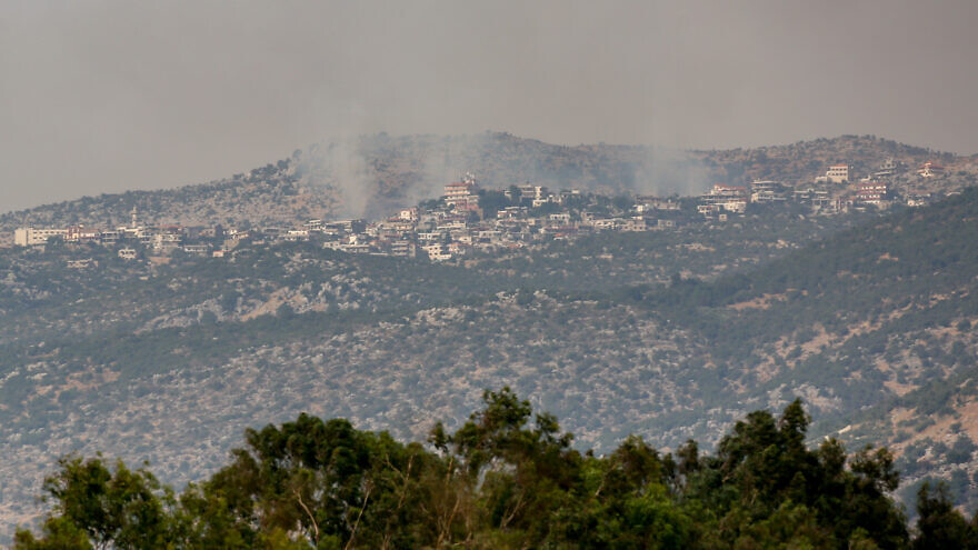Smoke rises from the village of Kfar Chouba in Lebanon after a confrontation between Hezbollah terrorists and the Israel Defense Forces on July 27, 2020. Photo by David Cohen/Flash90.