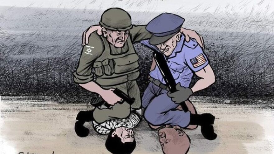 A cartoon comparing the killing of George Floyd by a police officer in Minneapolis to Israel’s treatment of the Palestinians. Source: Screenshot.