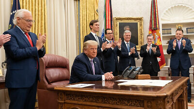 U.S. President Donald Trump, joined by White House senior staff members, delivers a statement announcing the normalization agreement between Israel and the United Arab Emirates, on Aug. 13, 2020. Credit: White House/Joyce N. Boghosian.