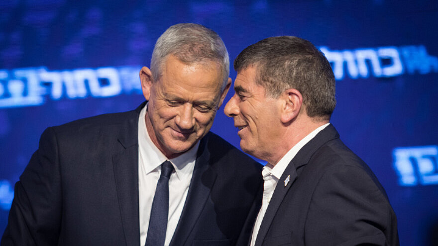 Blue and White Party leaders Benny Gantz and Gabi Ashkenazi at party headquarters in Tel Aviv on April 9, 2019. Photo by Hadas Parush/Flash90.