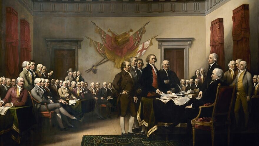 “The Declaration of Independence” (1776) depicts the five-man drafting committee presenting their work to Congress. The painting can be found on the back of the U.S. $2 bill. The original hangs in the U.S. Capitol rotunda. Oil on canvas painting by John Trumbull, 1819. Credit: Wikimedia Commons.
