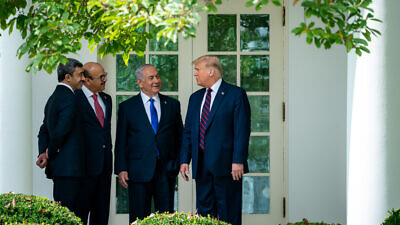 U.S. President Donald Trump with the Minister of Foreign Affairs of Bahrain Abdullatif bin Rashid Al Zayani, Israeli Prime Minister Benjamin Netanyahu and the Minister of Foreign Affairs for the United Arab Emirates Abdullah bin Zayed Al Nahyan on the way to the signing of the Abraham Accords, Sept. 15, 2020. Credit: Tia Dufour/White House.