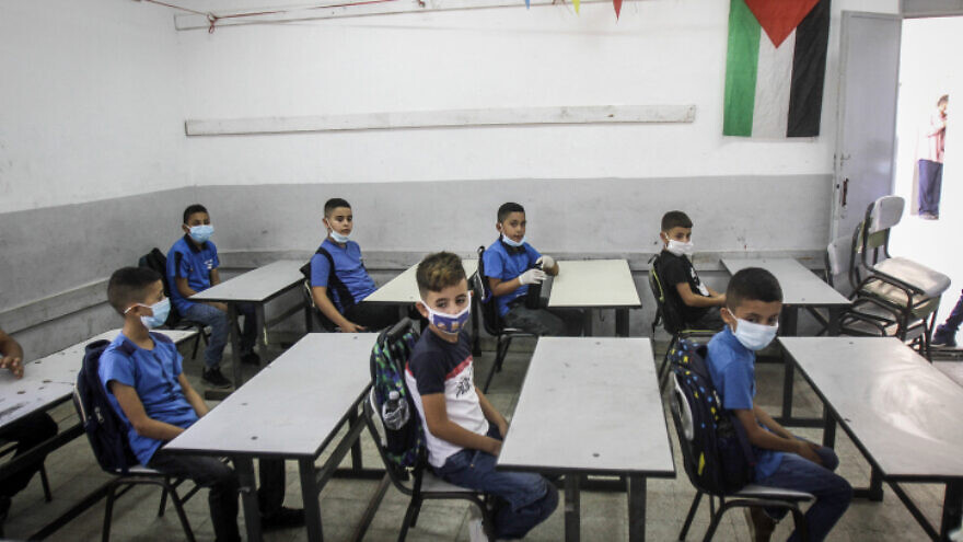 Palestinian students on the first day of school in the city of Nablus/Shechem in the West Bank on Sept. 6, 2020. Photo by Nasser Ishtayeh/Flash90.
