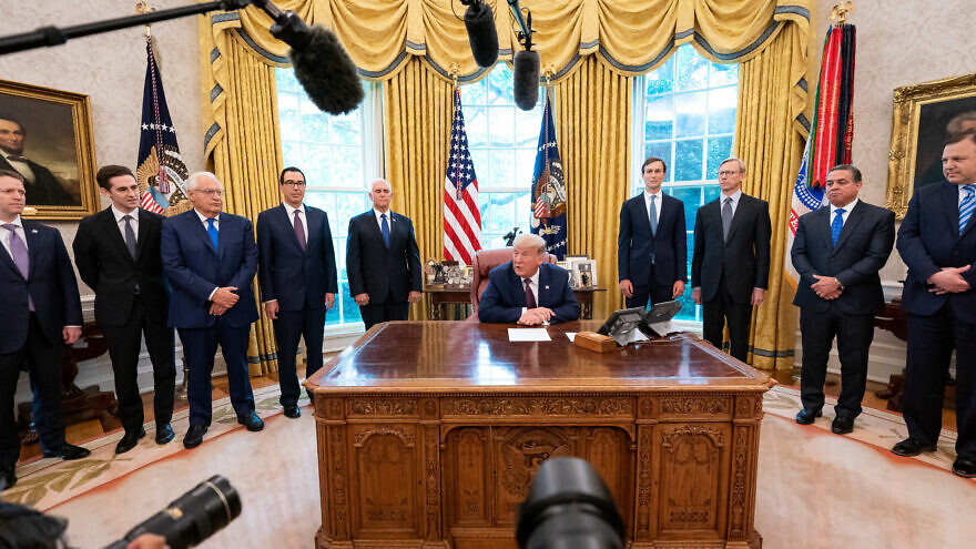 U.S. President Donald Trump speaks with reporters during the announcement of normalization of relations between Israel and the Kingdom of Bahrain on Sept. 11, 2020, in the Oval Office of the White House. Credit: Tia Dufour/The White House.