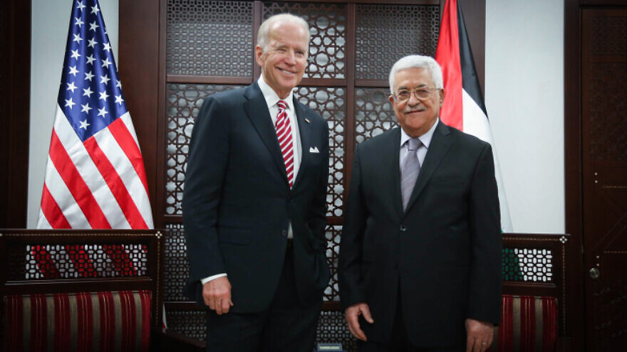 Then-U.S. Vice President Joe Biden with Palestinian Authority leader Mahmoud Abbas in Ramallah, March 9, 2016. Photo by Flash90.