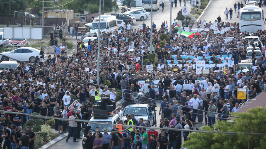 Israeli Arabs protest against violence, organized crime and recent killings in their communities, in the Arab town of Majd al-Krum in northen Israel. Oct. 3, 2019. Photo by David Cohen/Flash90.