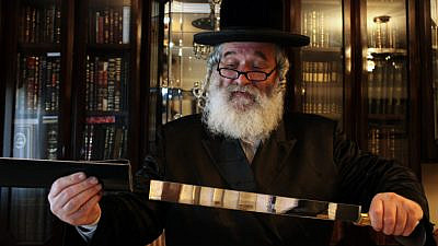 A view of a knife used for kosher slaughter by Rabbi Yitzchak Eliezer Yakav at his home in Jerusalem Jerusalem on June 12, 2011. Photo by Kobi Gideon/Flash90.