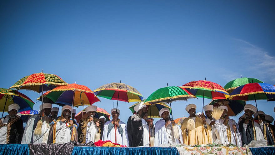 Members of the Ethiopian Jewish community in Israel take part in prayer on the Sigd holiday at the Armon Hanatziv Promenade overlooking Jerusalem on Nov. 16, 2017. Photo by Yonatan Sindel/Flash90.