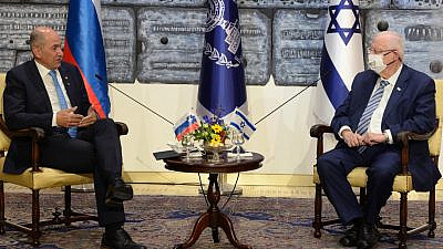 Israeli President Reuven Rivlin (right) meets with Slovenian Prime Minister Janez Janša in Jerusalem on Dec. 8, 2020. Credit: Mark Neyman/GPO.