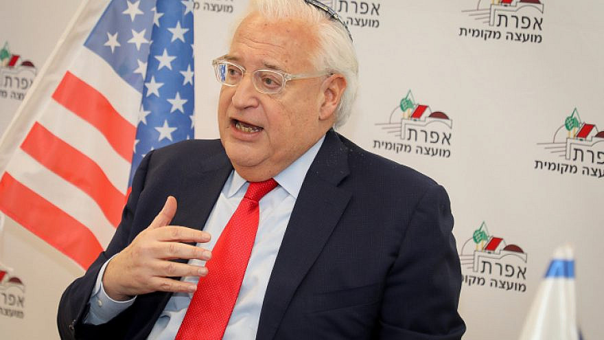 U.S. Ambassador to Israel David Friedman speaks during a visit to Efrat, in Gush Etzion, Feb. 20, 2020. Photo by Gershon Elinson/Flash90.