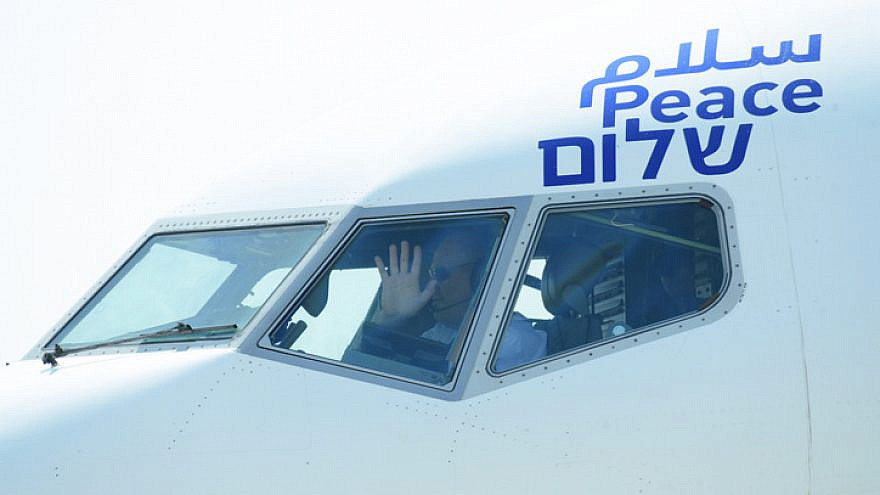 An El Al plane carrying Israeli and U.S. delegations to Abu Dhabi departurs from Tel Aviv to Abu Dhabi, at Ben-Gurion International Airport, Aug. 31, 2020. Photo by Tomer Neuberg/Flash90.