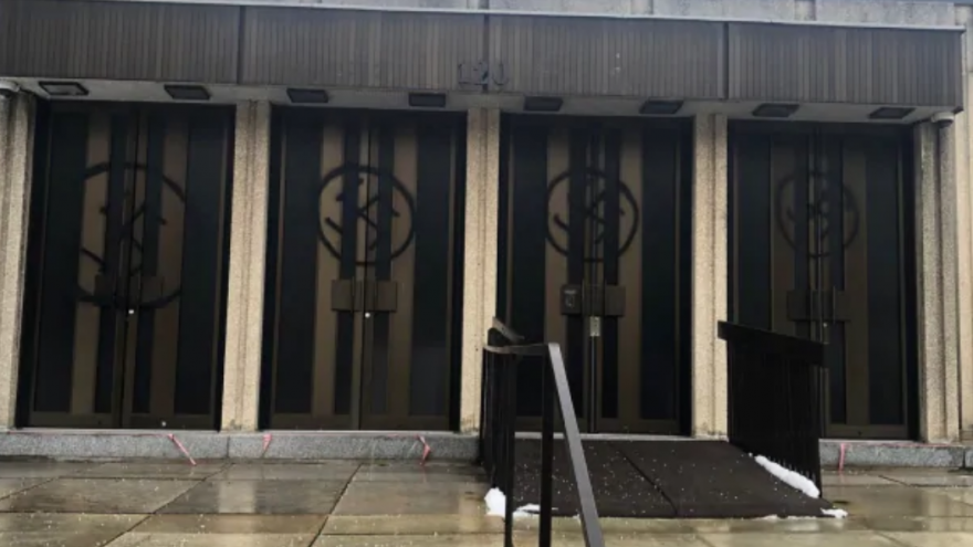 The front doors of Montreal’s Congregation Shaar Hashomayim were spray-painted with swastikas on Jan. 13, 2021. Courtesy: Friends of Simon Wiesenthal Center.