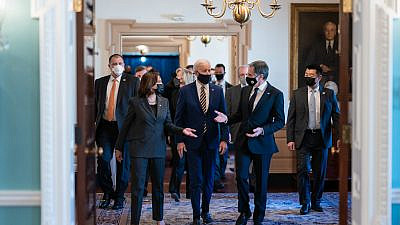 U.S. President Joe Biden walks with Vice President Kamala Harris and Secretary of State Antony Blinken after delivering remarks at the U.S. State Department in Washington, D.C., on Feb. 4, 2021. Credit: Official White House Photo by Adam Schultz.