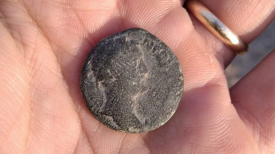 The rare coin, bearing the head of the Roman Emperor Antonius Pius and dating from 158–159 C.E., which was found during a training exercise by an Israel Defense Forces soldier. Feb. 9, 2021. Credit: Israel Antiquities Authority.