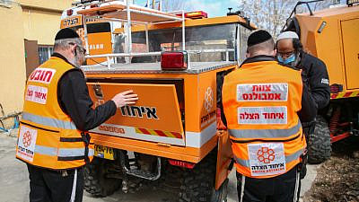 A United Hatzalah medical team in Tzfat checks its gear as Israel prepares for an impending storm, Feb.16, 2021. Photo by David Cohen/Flash90.