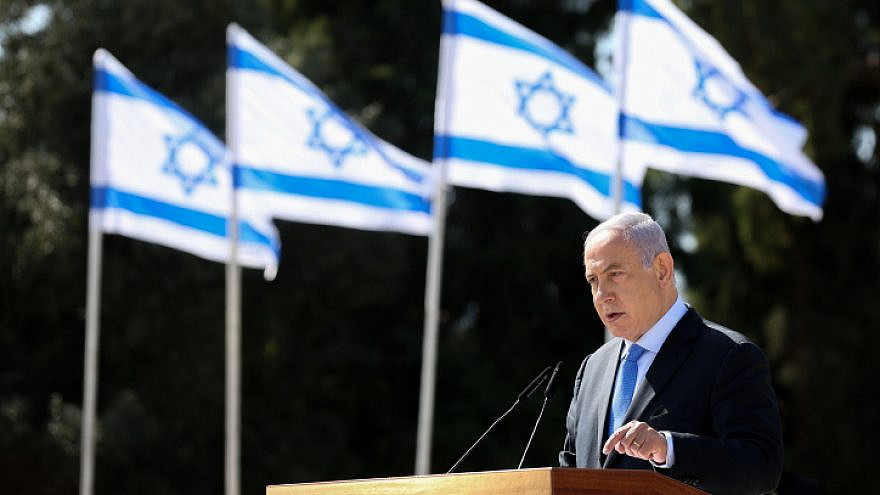 Israeli Prime Minister Benjamin Netanyahu speaking at a memorial ceremony for Zionist activist Joseph Trumpeldor in Tel Hai, in northern Israel, on Feb. 23, 2021. Photo by David Cohen/Flash90.