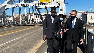 Israeli Ambassador to the United States Gilad Erdan talks with David Jackson of the Philos Project while crossing the Edmund Pettus Bridge, site of the 1965 “Bloody Sunday” civil-rights demonstrations. Credit: Southern Jewish Life.