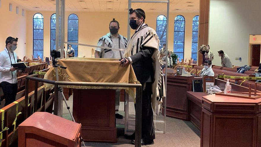 Rabbi Elie Mischel of Suburban Torah Center in Livingston, N.J. (left) and Rabbi Elliot Mathias, global COO of Aish HaTorah, speak to U.S. soldiers in Kuwait via Zoom on Friday morning to thank them for their service and welcome them for the Purim Megillah reading. Photo by Faygie Holt.