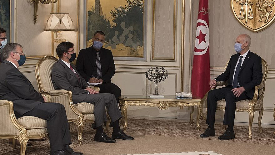 U.S. Defense Secretary Mark T. Esper (second from left) meets with Tunisian President Kais Saied (right), at Carthage Palace, Tunisia, Sept. 30, 2020. Credit: Lisa Ferdinando/DoD via Wikimedia Commons.