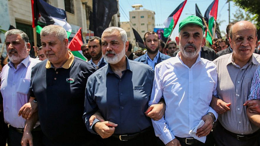Hamas leaders in the Gaza Strip Ismail Haniya and Yahya Sinwar march during a protest in Gaza City on June 26, 2019. Photo by Hassan Jedi/Flash90